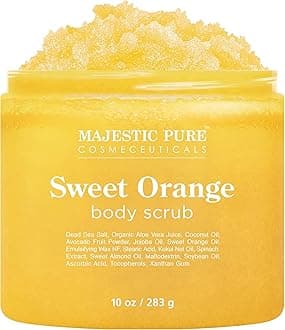 Majestic Pure Sweet Orange Body Scrub for All Natural Skin Care - Exfoliating Multi Purpose Body and Facial Scrub Moisturizes and Nourishes Face and Skin - 10 oz - Great Gift for Her