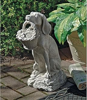 Man's Best Friend Dog with Basket Outdoor Garden Statue, 8 Inches Wide, 12 Inches Deep, 19 Inches High, Handcast Polyresin, Antique Stone Finish