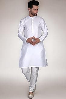Ethluxis Men's Silk Blend Embroidered Kurta with White Churidar Set