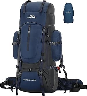 TRAWOC EXPEDITION 80L Travel Backpack Camping Hiking Rucksack Trekking Bag for Men & Women with Water Proof Rain Cover/Shoe Compartment BHK001 Navy Blue