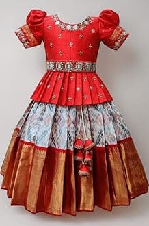 White Button Girls Polyester Blend New South Indian Traditional Pattu Pavadai Jecquard Readymade Lehenga Choli Dress