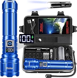 Blukar Torch Rechargeable, Ultra High Lumens Super Bright Flashlight, Adjustable Focus, 5 Modes, 5000 mAh Long Lasting, IP67 Waterproof, Smart Digital Display for Camping, Power Cuts, Emergency- Blue [Energy Class A+++]