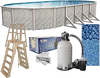 Lake Effect Pools Meadows Reprieve 15' x 24' Oval Above Ground Swimming Pool | 52" Height | Bundle Kit | Boulder Swirl Pool Liner | A Frame Ladder | Sand Filter System with Pump | Skimmer