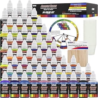 U.S. Art Supply 54 Color Ultimate Acrylic Airbrush, Leather & Shoe Paint Set With Cleaner, Thinner, 50-Plastic MixingCups, 50-Wooden Mix Sticks And A MixingWheel