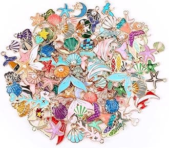 MARFOREVER 120 Pcs Ocean Themed Sea Charms for Jewelry Making, Assorted Gold Enamel Starfish Seashell Marine Pendants for Necklace Earring Bracelet Crafting Holiday Gifts for Women Mom Girls