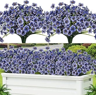 Lnoicy 24 Pcs Artificial Flowers for Outdoor,Plastic Flowers Decoration, UV Resistant Faux Flowers Shrubs, Artificial Plants for Indoor Outside Garden Home Wedding Farmhouse(Blue)