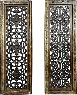 Floral Hand Carved Wooden Wall Panels, Assortment of Two, Rustic Brown