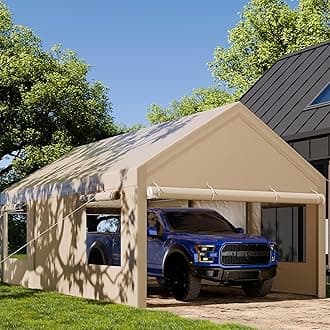 JAMFLY Carport, 12x20 ft Heavy Duty Carport with Roll-up Windows, Portable Garage with Removable Sidewalls & Doors, Car Canopy with Sandbags and All-Season Tarp for Car Boat Truck Motorcycle, Khaki