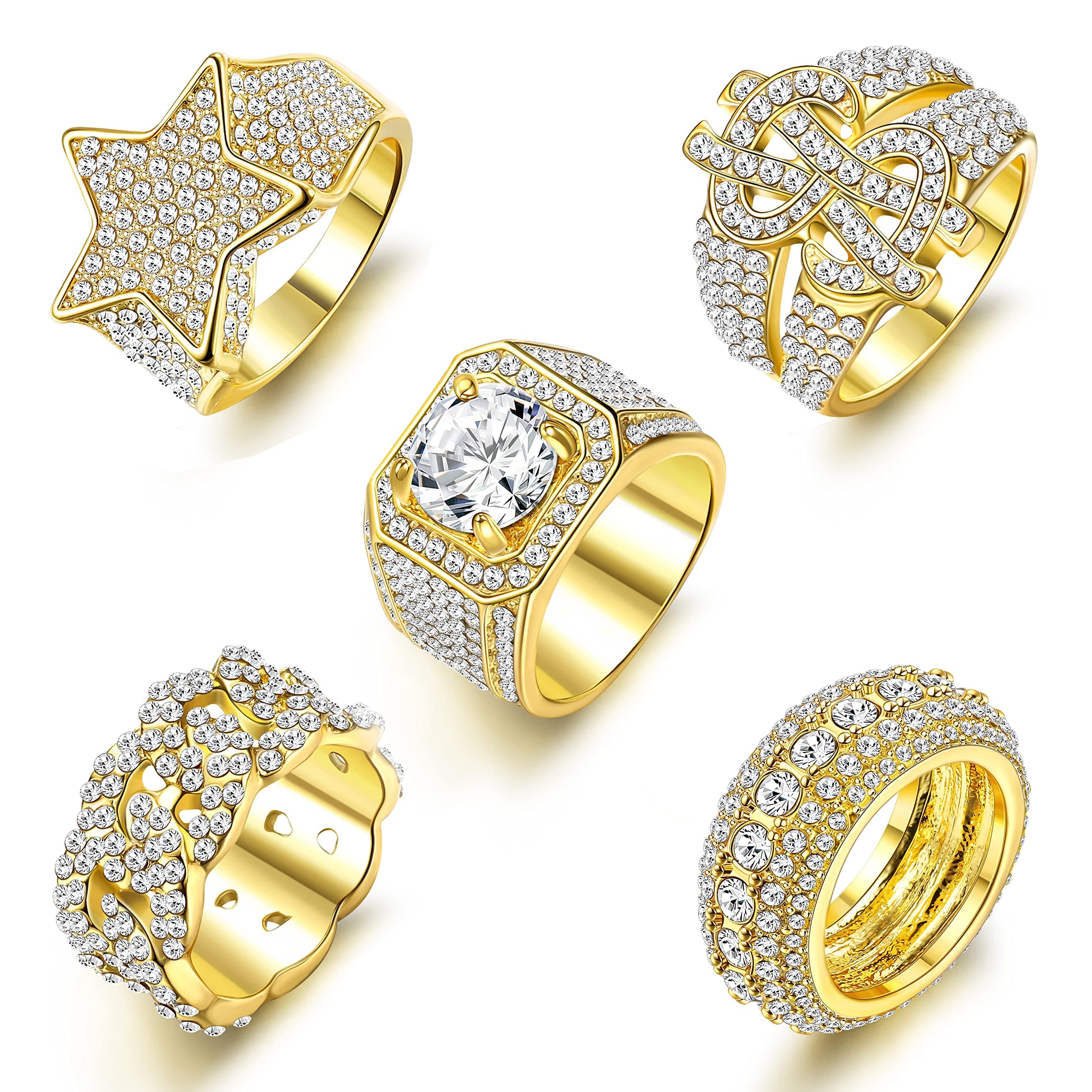 Ring 14K Gold Plated Iced Out Statement Ring Cuban Link Punky Rappers Ring for Men Engagement Hip Hop Jewellery with Diamond CZ Star US Dollar Sign