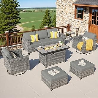 ovios 7 Pieces Patio Furniture Set with Rectangular Fire Pit Table, Swivel Rocking Chairs, Outdoor High Back Wicker Rattan Conversation Set for Deck Porch, Dark Grey