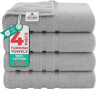 American Soft Linen Luxury 4 Piece Bath Towel Set, 600 GSM 100% Cotton Turkish Bath Towels for Bathroom, 27x54 in Large Bathroom Shower Towels, Light Grey
