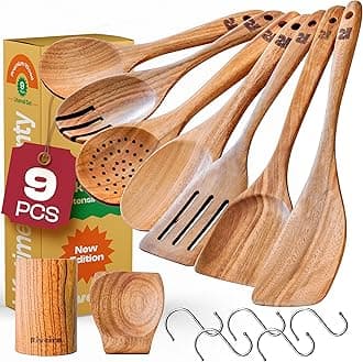 Riveira 9 Pieces Teak Wooden Spoons For Cooking – Premium & Durable Organic Teak Wooden Cooking Utensils – Non Stick Wooden Spatula For Cooking – Non Toxic Utensil Set With Holder & Spoon Rest