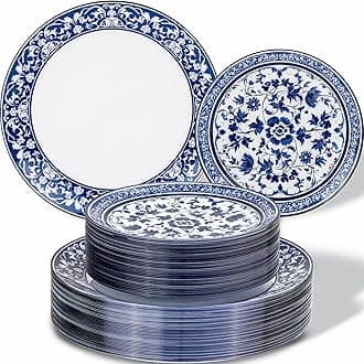 Hioasis 60pcs Blue Plastic Plates Set - Floral Blue & White Porcelain Design, 10.25" Dinner & 7.5" Dessert Plates Disposable for Wedding (Dishwasher Safe, Art Style)