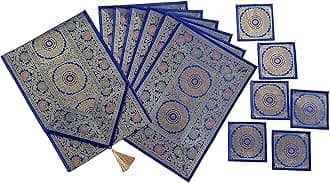 Colovila Dining Table Placemats Set of 13 Pieces, Ethnic Brocade Silk with Golden Woven Work- (1 Table Runner, 6 Mats, 6 Coasters) (Royal Blue)