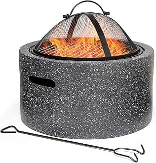 VonHaus Fire Pit – 2 in 1 Firepit with BBQ Cooking Grill for Outdoor, Garden, Patio – MgO Material, Stone Effect Finish, Fire Poker & Mesh Cover Included, Carry Handles – Use Wood or Charcoal to Fuel