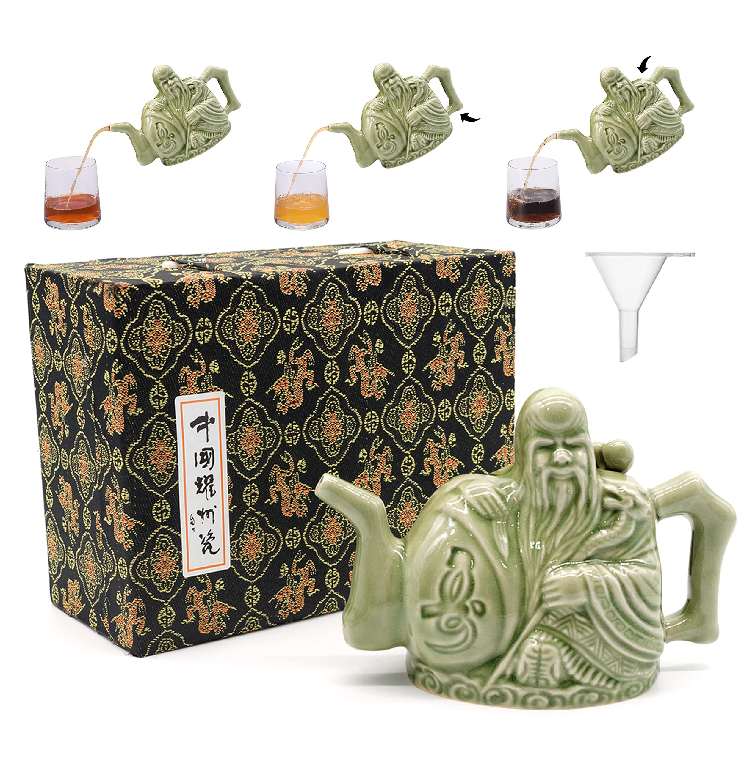 LURRIER Assassins Teapot, Handmade Chinese Ceramic Tea Kettle, One Pot Three Drinks,Two Chambers Kettle, Drink Dispenser, Magic Trick Kettle with Gift Box,16 oz(Green)