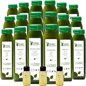 3 Day Green Juice Cleanse by Raw Fountain, All Natural Raw, Vegan Detox, Cold Pressed Juice, 18 Bottles 12oz, 3 Ginger Shots