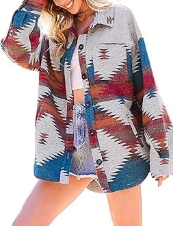 Women's Aztec Denim Jacket Distressed Lapel Long Sleeve Vintage Button Down Denim Jacket Shacket