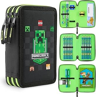 MINECRAFTFilled Pencil Case for Kids with Multiple Compartments, Stationery Included - School Supplies (Black Aop)