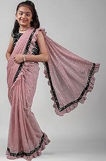 Kids Girls Lycra Blend Saree With Unstitched Sequence Blouse Piece (3-4 yrs to 11-12 yrs) (Baby Pink, 8-9 Years - L)