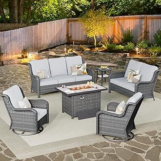 ovios 6 Pieces Patio Furniture Set with 42 inch Fire Pit Table, Outdoor Wicker Sofa Couch Loveseat, Swivel Rocking Glider Chairs, Modern Conversation Set, Grey Rattan, Grey