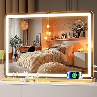 Hasipu Vanity Mirror with Lights, 27.6" x 20" LED Makeup Mirror, Lighted Makeup Mirror with Dimmable 3 Modes, Touch Screen Control Vanity Mirror Round Gold