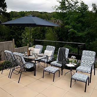 Hectare 6 Seater Metal Garden Furniture Outdoor Dining Set with Side Table Footstools and Parasol in Blue Aztec Pattern