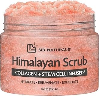 M3 Naturals Himalayan Salt Infused with Collagen & Stem Cell All Natural Body & Face Scrub with Lychee Sweet Almond Oil Skin Care Exfoliating Blackheads Acne Scars Reduces Wrinkles 12 OZ