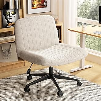 SUNLEI Criss Cross Chair with Wheels, Comfy Armless Vanity Chairs with Back & Wide Seat, Comfortable Fabric Cross Legged Desk Chair’s Swivel, White
