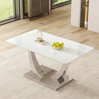 Faux Marble Dining Table, White Dining Room Table for 4-6, Silver Kitchen Table for Dining Room,Tempered Glass Top with Silver Rectangular Base