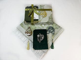 SAIKAPrayer Rug Set with Thanks Card, Full Arabic Quran Prayer Rug, Beads and Car Hanger Set,Ramadan Eid Wedding Birthday Graduation Mother's Day (Green)