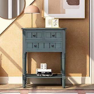 Knocbel Slim Antique Entry Console Table with Drawers & Bottom Open Shelf, Solid Wood Sofa Couch Table for Entryway Hallway Living Room (Navy)