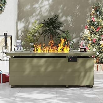Sundale Outdoor 51 Inch Outdoor Fire Pit Table, 50,000BTU Rectangle Propane Fire Pit with Sliding Tank Holder, Glass Wind Guard, Dust Cover, Removable Lid, CSA Certified, Olive Green