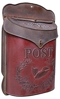 Red Co. 10.5” x 15.5” Shabby Chic Wall-Mounted Post Embossed Aged Metal Mailbox, Rusted Red