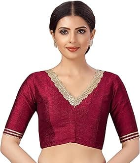 Studio ShringaarWomen's Readymade Silky Saree Blouse Elbow Length Sleeves With Embroidered Neckline Choli