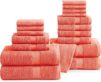 LANE LINEN 100% Cotton Bath Towel Set - 18 Pieces - Supreme Absorbency, Ring Spun tech, Gentle on Skin - 4 Bath, 8 Wash Cloth, 6 Hand Towels - Warm Tone & Ideal for Trendy Bathrooms - Living Coral