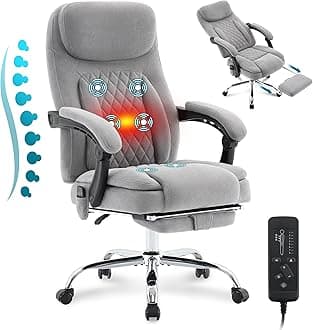6-Point Massage Ergonomic Office Chair with Heated, Footrest & 45Reclining High Back, Big and Tall Executive Desk Chair 500LBS, Thick Cushion for Home Office, Grey