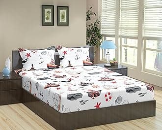 Trance Home Linen Design 180Tc 100% Cotton King Size Cartoon Printed Kids Bedsheet | Bedding Set of King Size Flat Bed Cover with 2 Pillow Covers (108X108 Inch | 9Ft X 9Ft- Boat Orange)