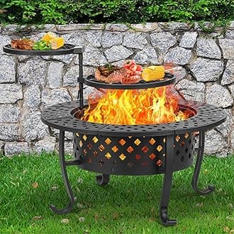 36 Inch Fire Pit with 2 BBQ Grills, Wood Burning Fire Pits for Outside with Lid & Fire Poker, BBQ& Outdoor Firepit & Round Metal Table 3 in 1 for Patio, Picnic, Party