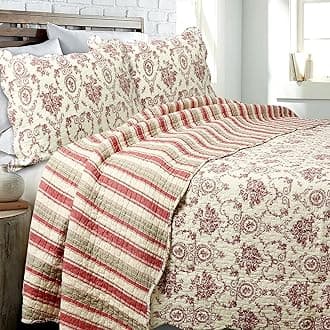 French Medallion Beige Burgundy Red Rose Flower Pattern Printed 100% Cotton Bedding Quilt Set Reversible Coverlet Bedspread (Burgundy Red, King - 3 Piece)