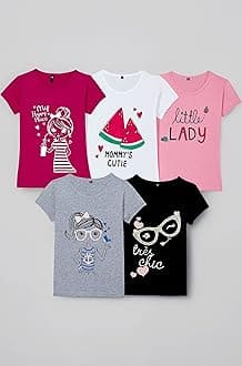 Girls Cotton Printed Regular Fit T-Shirt (Pack of 5)