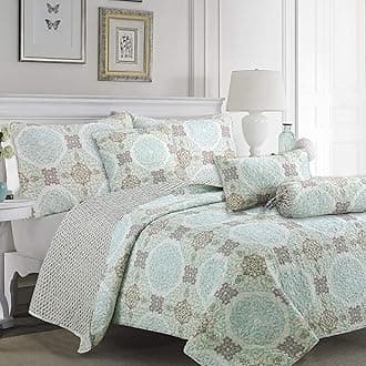 Cozy Line Home Fashions Green/Taupe Damask Reversible Bedding Quilt Set, Bedspread, Lightweight Coverlet Quilt for Spring and Summer, 1 Quilt and 2 Pillow Shams (Aqua Melody, Queen - 3 Piece)