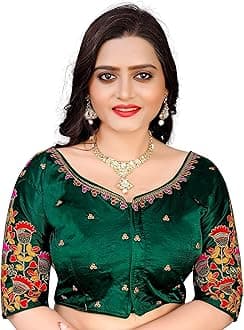 Cotton Silk All Over embrodered Round Neck Cutwork Half Sleeves Saree Blouse Readymade Crop Top Choli for Girls & Womens Free Size (503)