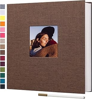 potricher 13.2x12.8 Inch Large Self Adhesive Photo Album Magnetic Scrapbook Album 40 Magnetic Double Sided Pages Linen Hardcover DIY Photo Album with A Metallic Marker Pen (Brown)