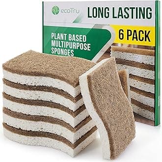 6 Pack Natural Kitchen Sponges, Compostable White Cellulose & Organic Coconut Scrubber Sponge for Washing Dishes, Kind Eco Friendly Non Toxic & Biodegradable Dishwashing Sponges