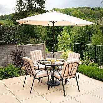 – Hectare 4 Seater Metal Garden Furniture Outdoor Dining Set with Table and Parasol in Beige Stripe