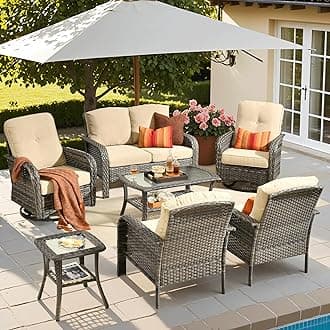 7-Piece Patio Furniture Set, Outdoor Wicker Sofa with Swivel Chairs Coffee Table, High Back Rattan Couch Loveseat with Comfy Cushions for Porch Yard Deck, Beige