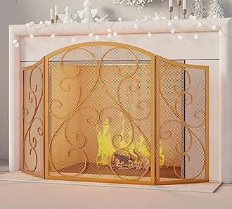 Fireplace Screen 3 Panel Wrought Iron Metal 48"(L) x30(H) Spark Guard Cover(Golden Dusting)