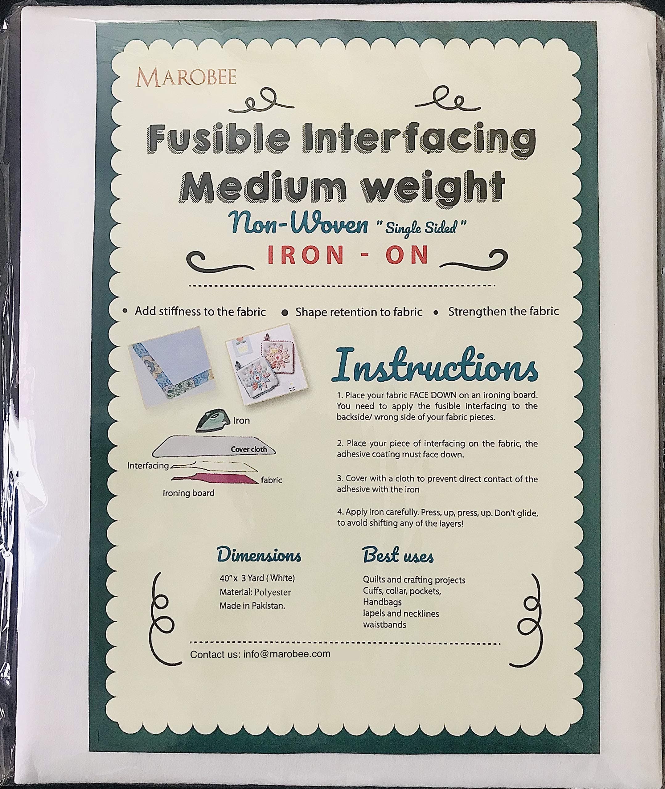MAROBEE Medium Weight Iron On Fusible Interfacing for Sewing Projects, (40 Inch x 3 Yard) White Non-Woven, One Sided