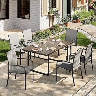 7-Piece Outdoor Dining Set 6 Brown Textilene Chairs and Steel Tabletop with Wood Grain Rectangle Table for Deck Garden Backyard Lawn Poolside